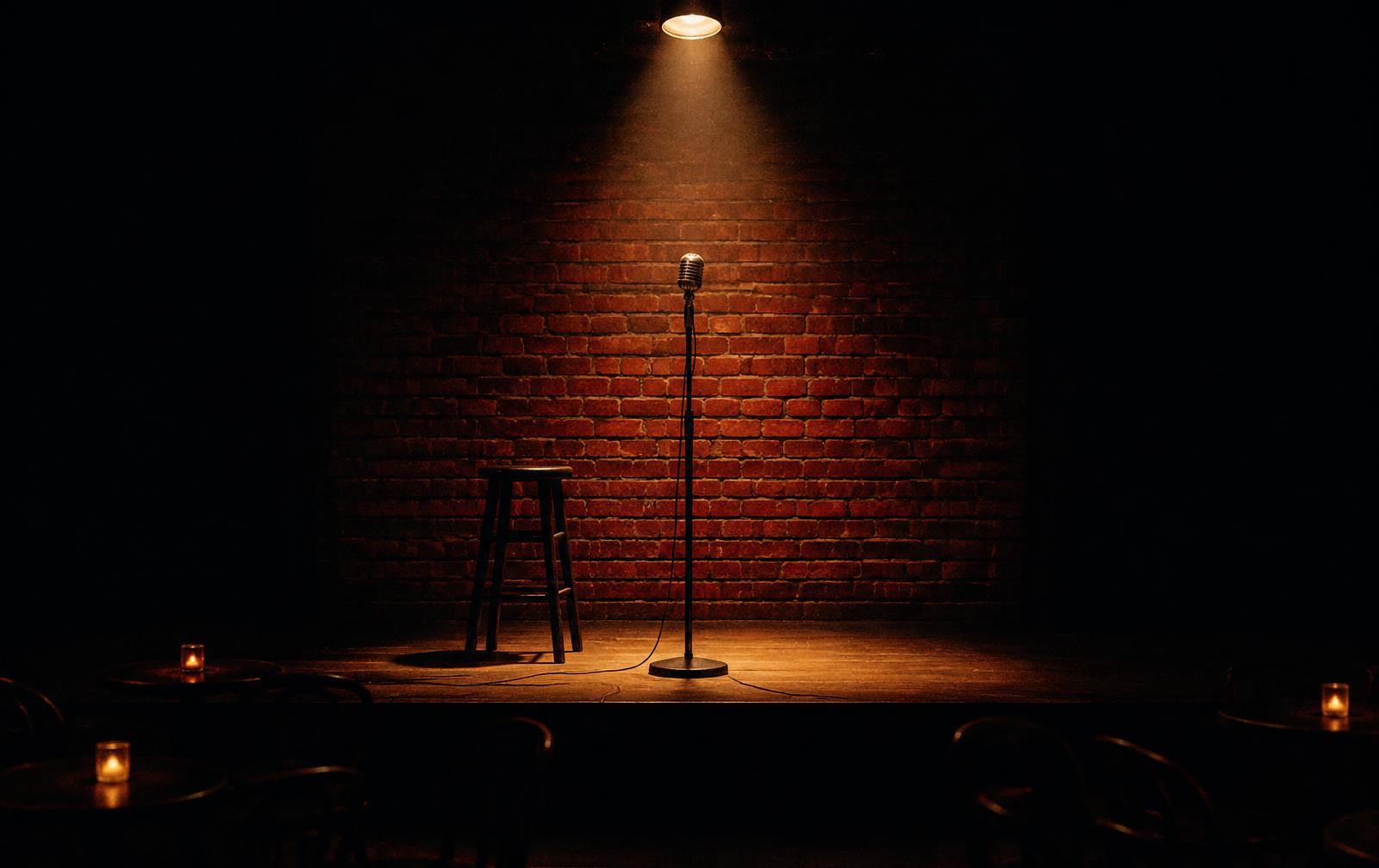 Empty comedy stage with a microphone under a spotlight